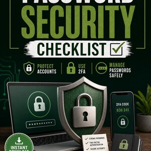 Checklista för lösenordssäkerhet | Skydda konton, använd 2FA och hantera lösenord säkert | Guide för direktnedladdning