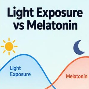 May include: An educational graphic titled Light Exposure vs Melatonin. It features a yellow sun icon, a dark blue crescent moon icon, and two intersecting wave lines. One wave is blue labeled Light Exposure, and the other is orange labeled Melatonin.