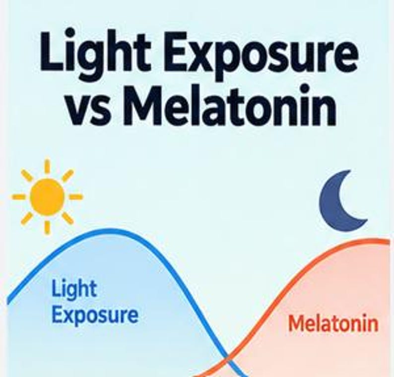 May include: An educational graphic titled Light Exposure vs Melatonin. It features a yellow sun icon, a dark blue crescent moon icon, and two intersecting wave lines. One wave is blue labeled Light Exposure, and the other is orange labeled Melatonin.