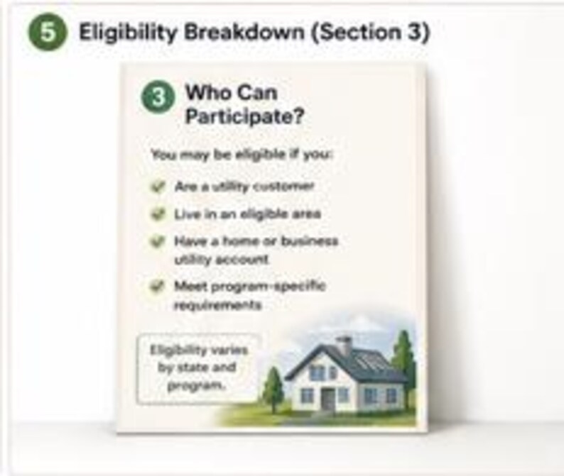 May include: An informational document titled Eligibility Breakdown Section 3, Who Can Participate? It lists four criteria with green checkmarks: utility customer, eligible area, utility account, and program requirements, plus a house illustration.