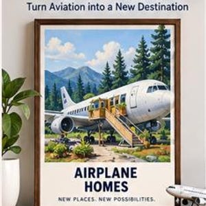 May include: A framed poster titled Airplane Homes featuring an illustration of a white airplane converted into a dwelling with a wooden staircase and porch, set against a forest and mountain backdrop, with the text New Places. New Possibilities.