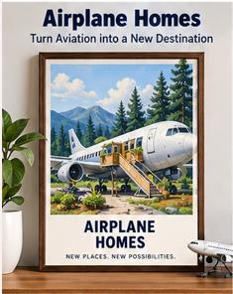 May include: A framed poster titled Airplane Homes featuring an illustration of a white airplane converted into a dwelling with a wooden staircase and porch, set against a forest and mountain backdrop, with the text New Places. New Possibilities.