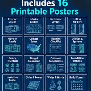 May include: A digital graphic titled Includes 16 Printable Posters featuring a grid of sixteen blue squares. Each square contains a white line-art icon and text labels including Exterior Design, Interior Layout, Climate Zones, and Build Furnish.