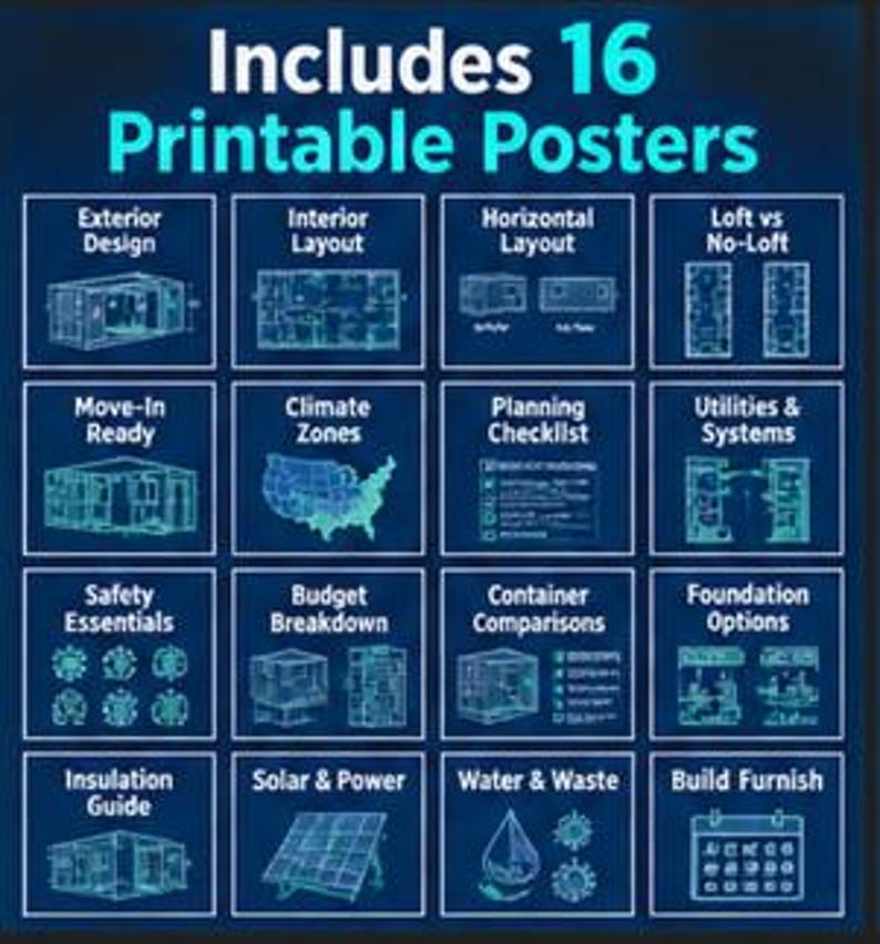 May include: A digital graphic titled Includes 16 Printable Posters featuring a grid of sixteen blue squares. Each square contains a white line-art icon and text labels including Exterior Design, Interior Layout, Climate Zones, and Build Furnish.