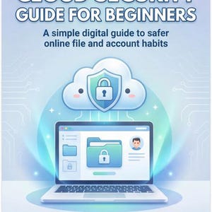 May include: A digital guide titled "Cloud Security Guide for Beginners" with a laptop illustration. The image features a cloud with a lock icon, a laptop displaying a file folder with a lock, and the text "Instant Digital Download."
