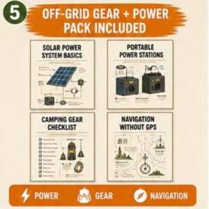 May include: An educational infographic titled OFF-GRID GEAR + POWER PACK INCLUDED featuring four sections: Solar Power System Basics, Portable Power Stations, Camping Gear Checklist, and Navigation Without GPS, with icons for power, gear, and navigation.