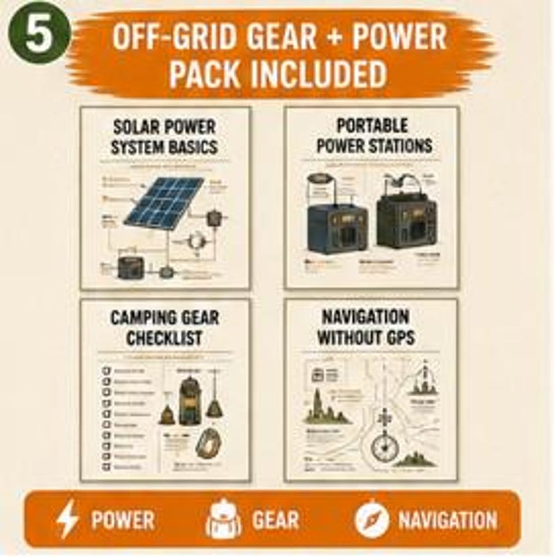 May include: An educational infographic titled OFF-GRID GEAR + POWER PACK INCLUDED featuring four sections: Solar Power System Basics, Portable Power Stations, Camping Gear Checklist, and Navigation Without GPS, with icons for power, gear, and navigation.