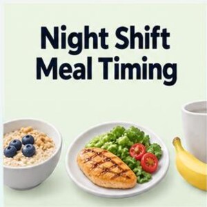 May include: A light green graphic with the text Night Shift Meal Timing. Below the text is a white bowl of oatmeal topped with blueberries, a white plate with a grilled chicken breast, green vegetables, and sliced tomatoes, and a yellow banana.