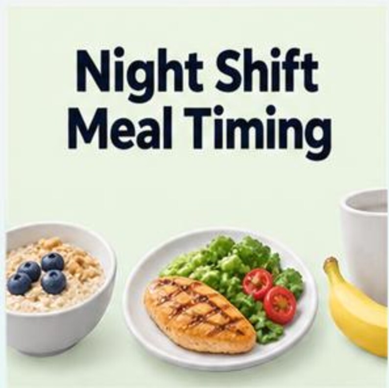 May include: A light green graphic with the text Night Shift Meal Timing. Below the text is a white bowl of oatmeal topped with blueberries, a white plate with a grilled chicken breast, green vegetables, and sliced tomatoes, and a yellow banana.