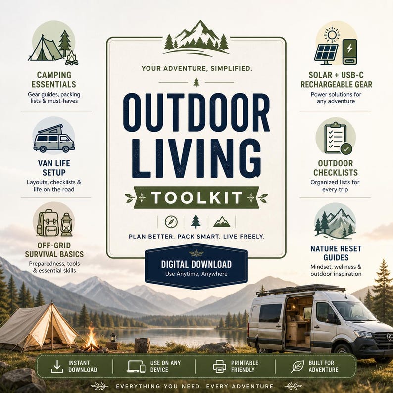 May include: An Outdoor Living Toolkit digital download guide featuring sections on camping essentials, van life setup, off-grid survival, solar gear, checklists, and nature reset guides. The graphic includes mountain icons and text: Your Adventure, Simplified.