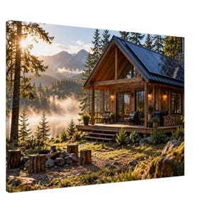 May include: A rectangular wall art print featuring a wooden cabin with solar panels on the roof, situated by a misty lake at sunrise. The scene includes tall pine trees, distant mountains, and a fire pit area with log seating in the foreground.