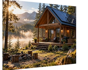 May include: A rectangular wall art print featuring a wooden cabin with solar panels on the roof, situated by a misty lake at sunrise. The scene includes tall pine trees, distant mountains, and a fire pit area with log seating in the foreground.