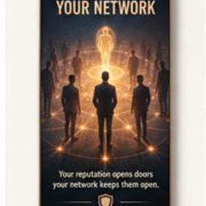 May include: A rectangular wall art piece featuring the text YOUR REPUTATION YOUR NETWORK at the top and Your reputation opens doors your network keeps them open at the bottom. The centre shows silhouettes of people connected by glowing orange lines.