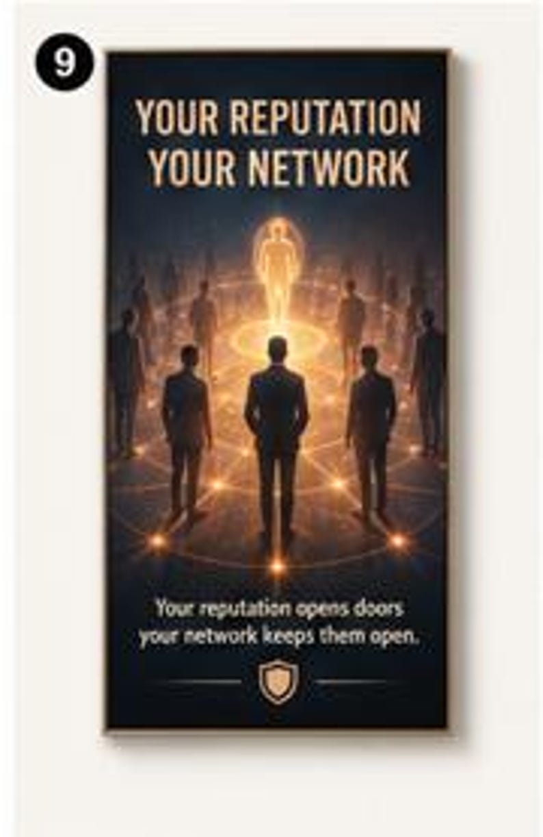 May include: A rectangular wall art piece featuring the text YOUR REPUTATION YOUR NETWORK at the top and Your reputation opens doors your network keeps them open at the bottom. The centre shows silhouettes of people connected by glowing orange lines.