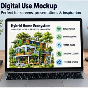 May include: A laptop screen displaying a digital graphic titled Hybrid Home Ecosystem. The graphic features a multi-story house covered in greenery, alongside a list of five icons and labels: Solar Power, Food Growing, Water Reuse, Natural Cooling, and Flexible Spaces.