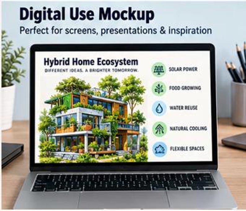 May include: A laptop screen displaying a digital graphic titled Hybrid Home Ecosystem. The graphic features a multi-story house covered in greenery, alongside a list of five icons and labels: Solar Power, Food Growing, Water Reuse, Natural Cooling, and Flexible Spaces.