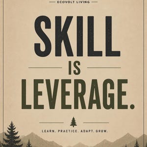 May include: A rectangular poster with a beige background featuring the text "SKILL IS LEVERAGE" in large black and dark green letters. Above is the "EVL ECOVOLT LIVING" logo with a mountain icon. Below is "LEARN. PRACTICE. ADAPT. GROW." and a forest landscape.