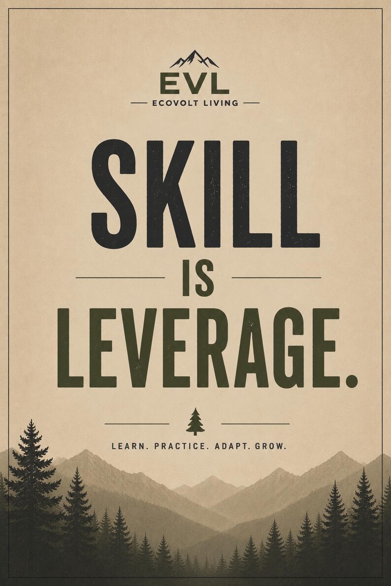 May include: A rectangular poster with a beige background featuring the text "SKILL IS LEVERAGE" in large black and dark green letters. Above is the "EVL ECOVOLT LIVING" logo with a mountain icon. Below is "LEARN. PRACTICE. ADAPT. GROW." and a forest landscape.