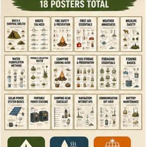 May include: A collection of 18 educational posters organized into three packs: Shelter and Safety, Food, Water and Cooking, and Off-Grid Gear and Power. Each poster features instructional text and illustrations covering survival skills, camping techniques, and equipment maintenance.