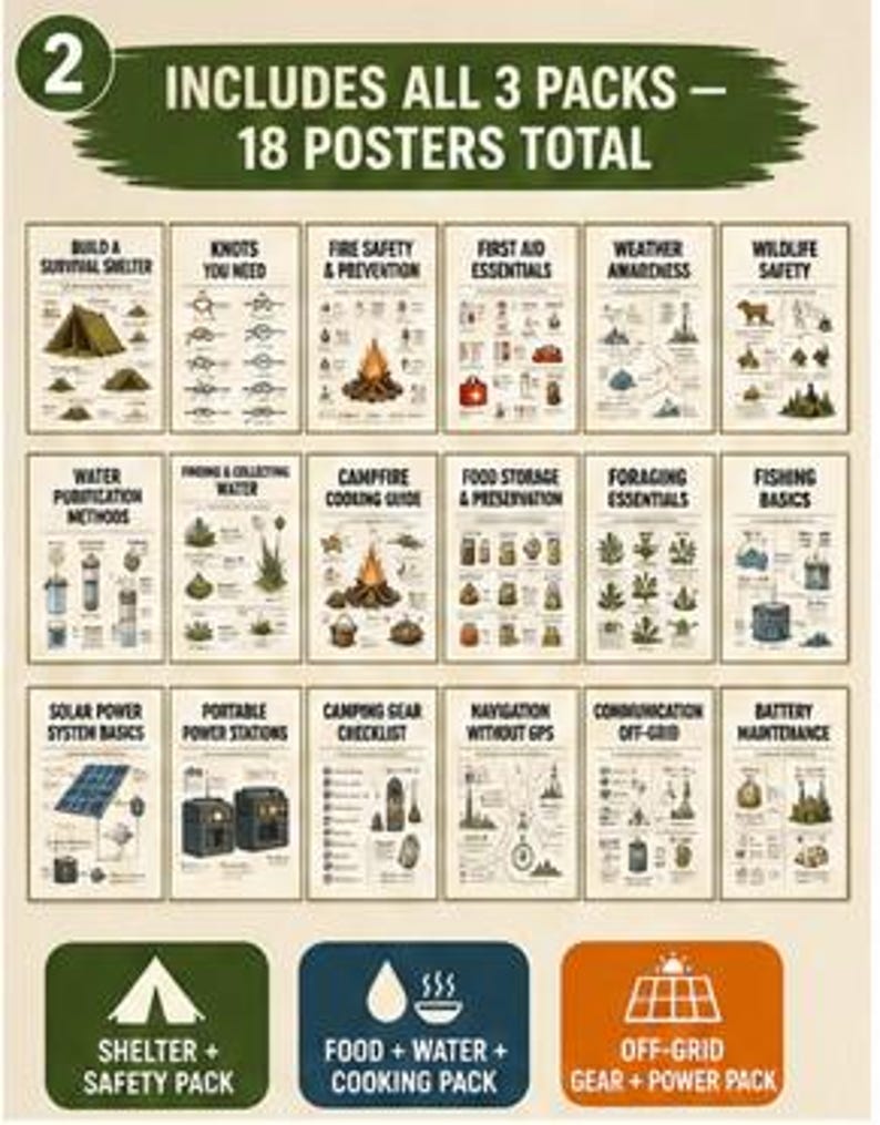 May include: A collection of 18 educational posters organized into three packs: Shelter and Safety, Food, Water and Cooking, and Off-Grid Gear and Power. Each poster features instructional text and illustrations covering survival skills, camping techniques, and equipment maintenance.