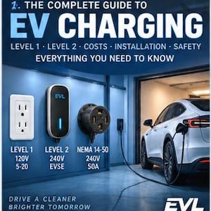 May include: An infographic titled The Complete Guide to EV Charging featuring a white wall with a 120V outlet, a black EVL Level 2 charger, and a NEMA 14-50 outlet. A white electric vehicle is parked in a garage, connected to a charging cable.
