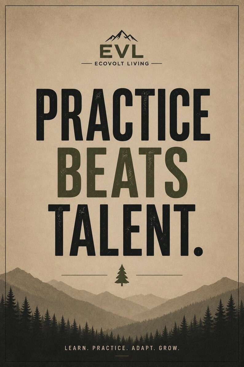 May include: A rectangular poster with a tan background featuring the black text "PRACTICE BEATS TALENT." at the center. Above the text is a mountain icon and "EVL ECOVOLT LIVING." Below is a small pine tree icon and "LEARN. PRACTICE. ADAPT. GROW." at the bottom, with a dark forest and mountain silhouette.