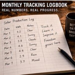 May include: A spiral-bound logbook titled Solar Production Log with a table tracking dates, kWh, and weather notes. Text reads: 7. MONTHLY TRACKING LOGBOOK. REAL NUMBERS. REAL PROGRESS. Track it. Learn it. Improve it. Freedom grows here. A black pen and mug.