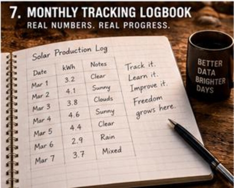 May include: A spiral-bound logbook titled Solar Production Log with a table tracking dates, kWh, and weather notes. Text reads: 7. MONTHLY TRACKING LOGBOOK. REAL NUMBERS. REAL PROGRESS. Track it. Learn it. Improve it. Freedom grows here. A black pen and mug.