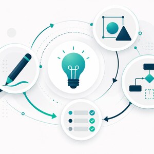 May include: A graphic illustration featuring a central teal lightbulb icon surrounded by four circular nodes. The nodes contain icons representing a pencil, geometric shapes, a flowchart with a text box, and a checklist with green checkmarks.