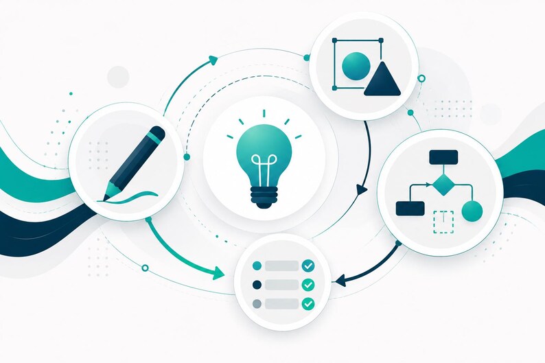 May include: A graphic illustration featuring a central teal lightbulb icon surrounded by four circular nodes. The nodes contain icons representing a pencil, geometric shapes, a flowchart with a text box, and a checklist with green checkmarks.