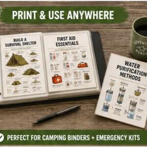 May include: A black three-ring binder containing instructional pages titled Build a Survival Shelter and First Aid Essentials, alongside a loose page titled Water Purification Methods, a black pen, and a green mug with the text Adventure Ready.