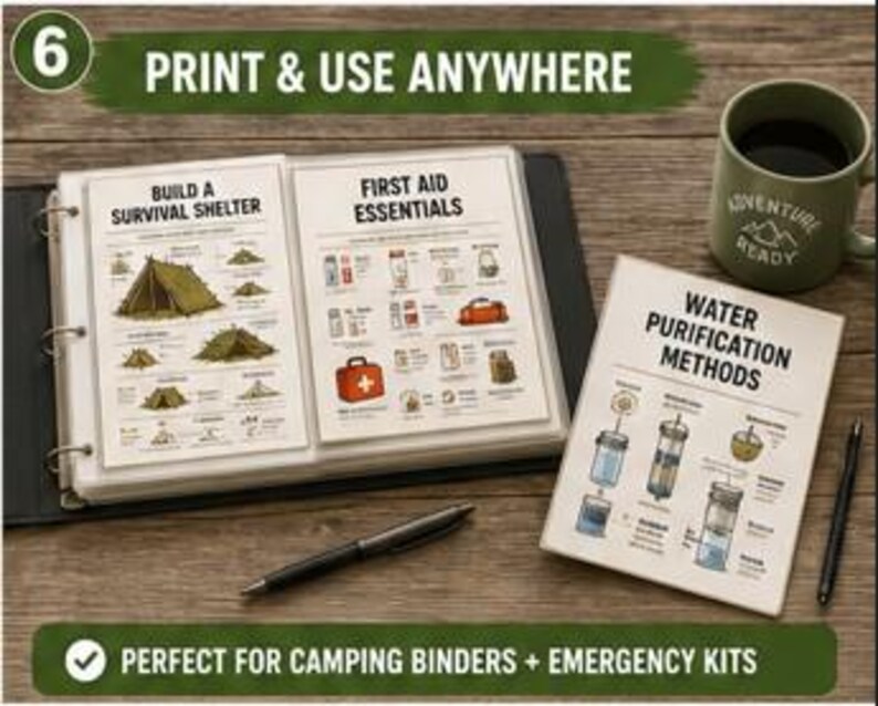 May include: A black three-ring binder containing instructional pages titled Build a Survival Shelter and First Aid Essentials, alongside a loose page titled Water Purification Methods, a black pen, and a green mug with the text Adventure Ready.