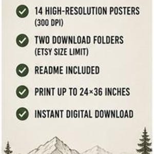 May include: A digital download information graphic with the number 2 and the text WHAT'S INCLUDED. It lists 14 high-resolution posters at 300 DPI, two download folders, a readme file, print capability up to 24x36 inches, and instant digital download.