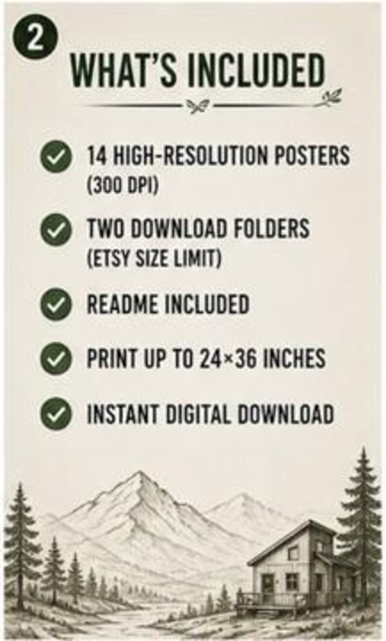 May include: A digital download information graphic with the number 2 and the text WHAT'S INCLUDED. It lists 14 high-resolution posters at 300 DPI, two download folders, a readme file, print capability up to 24x36 inches, and instant digital download.