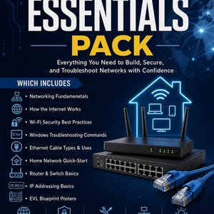 Pode incluir: Um guia educativo Networking Essentials Pack com um router e um switch de rede pretos e cabos Ethernet azuis. O texto inclui Networking Essentials Pack, Everything You Need to Build, Secure, and Troubleshoot Networks with Confidence.