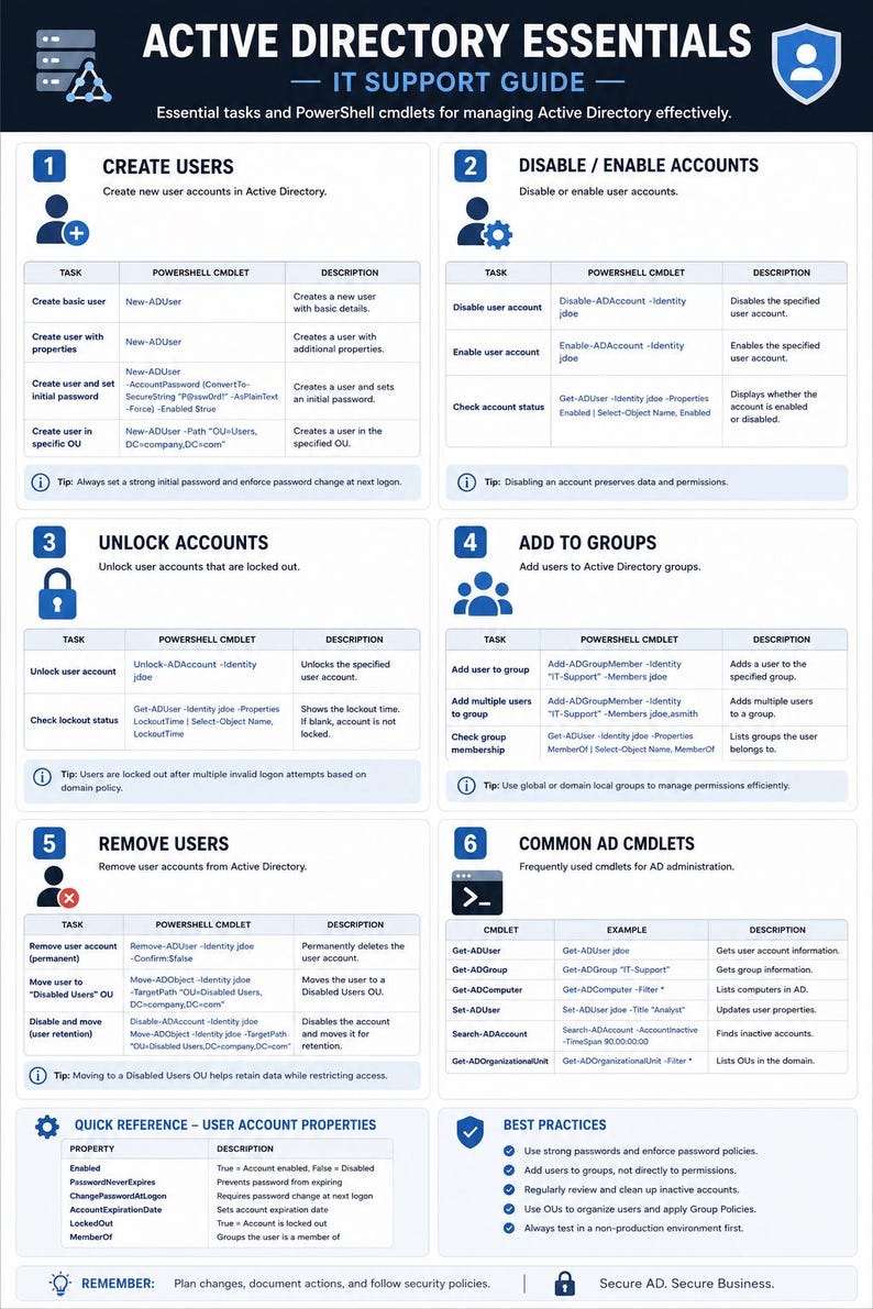May include: An Active Directory Essentials IT support guide infographic featuring six numbered sections detailing PowerShell cmdlets for managing user accounts, groups, and common administrative tasks, including a quick reference table and best practices.