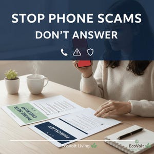 May include: Image with the text "STOP PHONE SCAMS DON'T ANSWER". A person holds a red smartphone. Documents labeled "PHONE SCAM CHECKLIST" and "PHIECKLIST" are on a wooden table, along with a cup of coffee and a small plant.