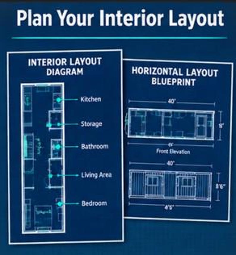 May include: A blue architectural blueprint titled Plan Your Interior Layout, featuring an Interior Layout Diagram with labels for kitchen, storage, bathroom, living area, and bedroom, alongside a Horizontal Layout Blueprint with 40-foot dimensions.