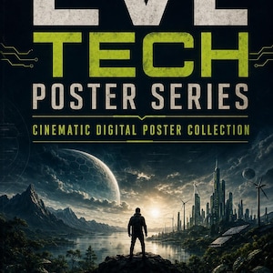 May include: A digital poster titled EVL TECH POSTER SERIES CINEMATIC DIGITAL POSTER COLLECTION by EcoVolt LIVING PRESS. The image features a silhouette of a person standing on a rocky cliff overlooking a futuristic city, a lake, and mountains.