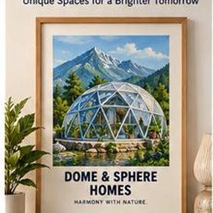 May include: A framed print featuring a geodesic dome home in a mountain landscape. Text reads: Dome Home Print Mockup, Unique Spaces for a Brighter Tomorrow, DOME & SPHERE HOMES, HARMONY WITH NATURE. The print is displayed in a wooden frame.