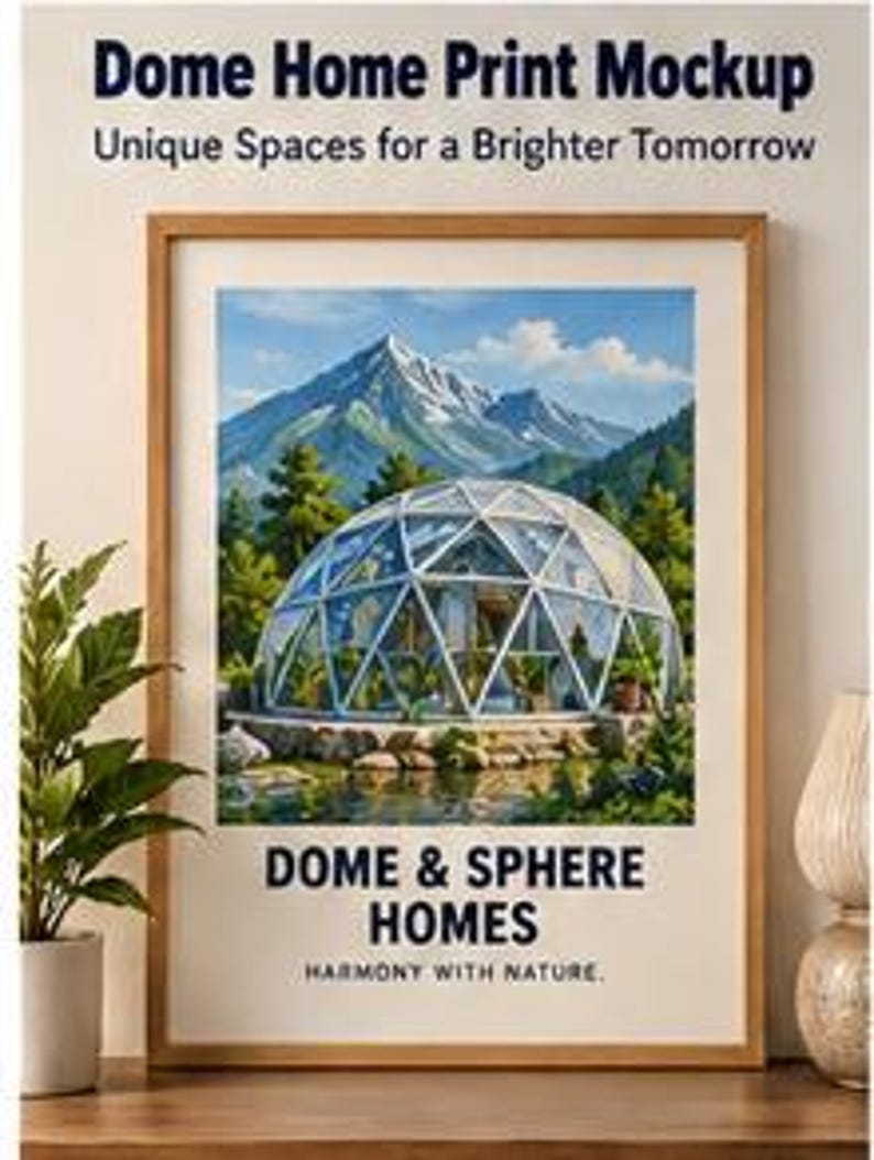 May include: A framed print featuring a geodesic dome home in a mountain landscape. Text reads: Dome Home Print Mockup, Unique Spaces for a Brighter Tomorrow, DOME & SPHERE HOMES, HARMONY WITH NATURE. The print is displayed in a wooden frame.