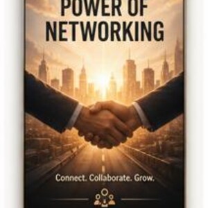 May include: A rectangular poster featuring a handshake between two people in dark suits against a city skyline at sunset. The text reads THE POWER OF NETWORKING, Connect. Collaborate. Grow., and includes a small icon of three connected figures.