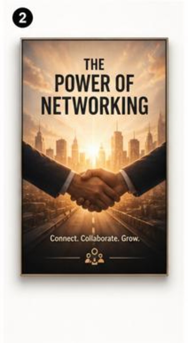 May include: A rectangular poster featuring a handshake between two people in dark suits against a city skyline at sunset. The text reads THE POWER OF NETWORKING, Connect. Collaborate. Grow., and includes a small icon of three connected figures.