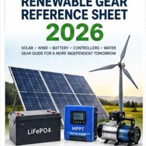 Puede incluir: Una hoja de referencia de equipos renovables 2026 de EcoVolt Living Press con paneles solares, batería LiFePO4, controlador MPPT y turbina eólica. El texto incluye: RENEWABLE GEAR REFERENCE SHEET 2026, SOLAR, WIND, BATTERY, CONTROLLERS, WATER.