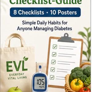 Op de afbeelding: Een geïllustreerde checklistgids met 8 checklists en 10 posters getiteld Simple Daily Habits for Anyone Managing Diabetes. Bevat een beige draagtas met de tekst EVL Everyday Vital Living, een bloedglucosemeter met 105 mg/dL en een mand met groenten.
