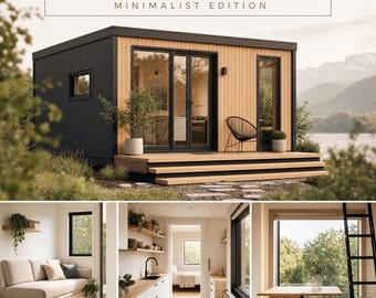 May include: A digital photo pack titled TINY HOME PHOTO PACK 1 - MINIMALIST EDITION. The image displays a modern tiny home with black and light wood siding, a deck, and interior views including a sofa, a kitchen, and a dining area with a ladder.