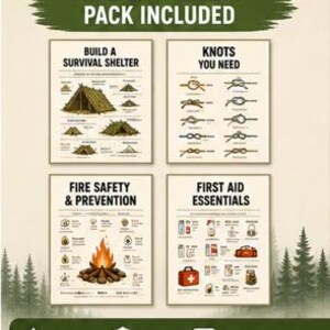 May include: A set of four educational posters titled Shelter + Safety Pack Included. The posters feature illustrations and text for Build a Survival Shelter, Knots You Need, Fire Safety & Prevention, and First Aid Essentials on a light background.
