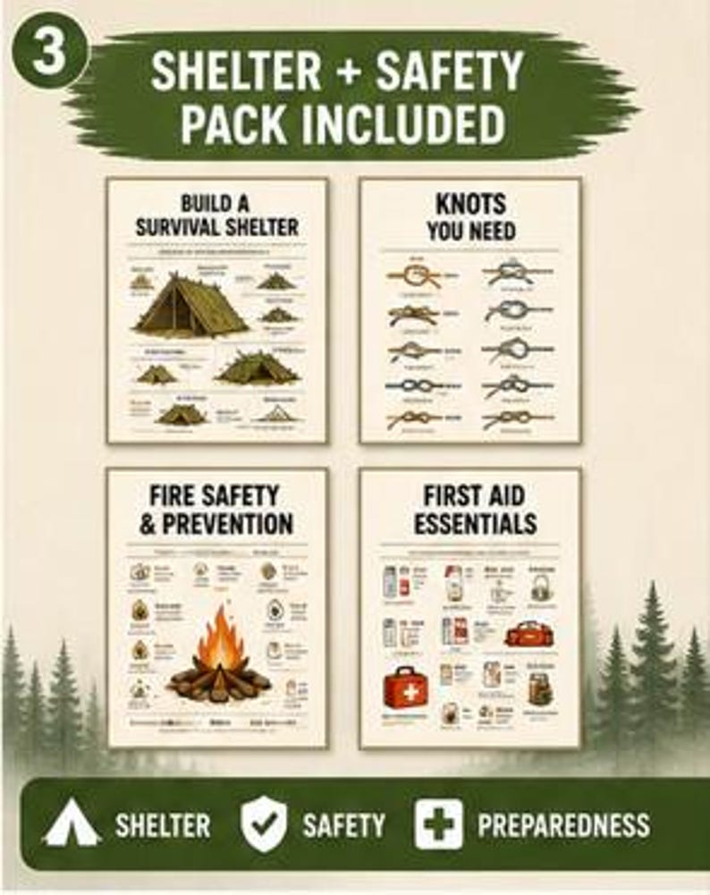 May include: A set of four educational posters titled Shelter + Safety Pack Included. The posters feature illustrations and text for Build a Survival Shelter, Knots You Need, Fire Safety & Prevention, and First Aid Essentials on a light background.