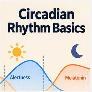 May include: A square educational graphic titled Circadian Rhythm Basics. It features a yellow sun icon, a dark blue crescent moon icon, and two intersecting line graphs labeled Alertness in blue and Melatonin in orange on a cream background.