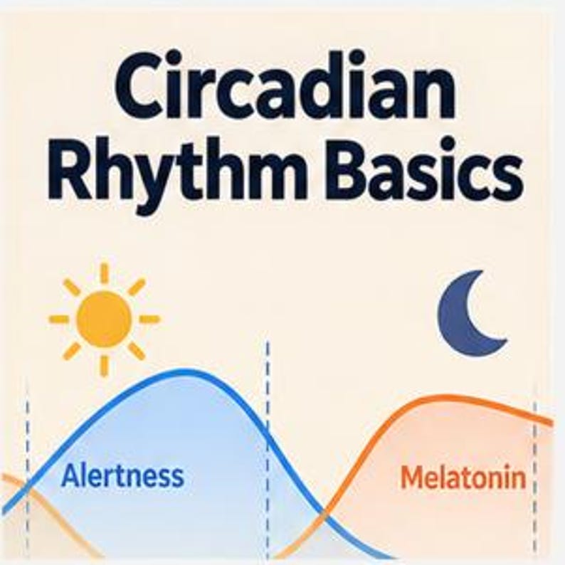 May include: A square educational graphic titled Circadian Rhythm Basics. It features a yellow sun icon, a dark blue crescent moon icon, and two intersecting line graphs labeled Alertness in blue and Melatonin in orange on a cream background.